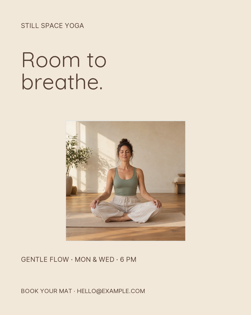 Portrait post with a woman sitting cross-legged in a bright yoga studio and soft text layout.