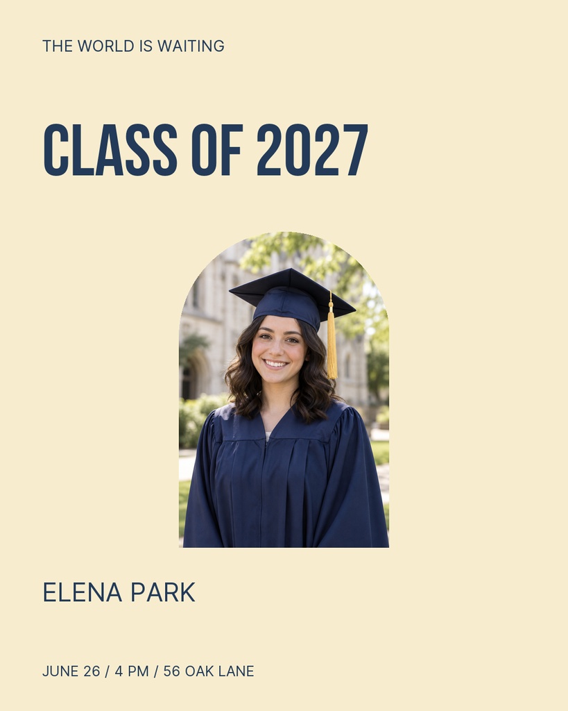 Graduation portrait post with Class of 2027 text, a graduate photo, and event details on a light background.