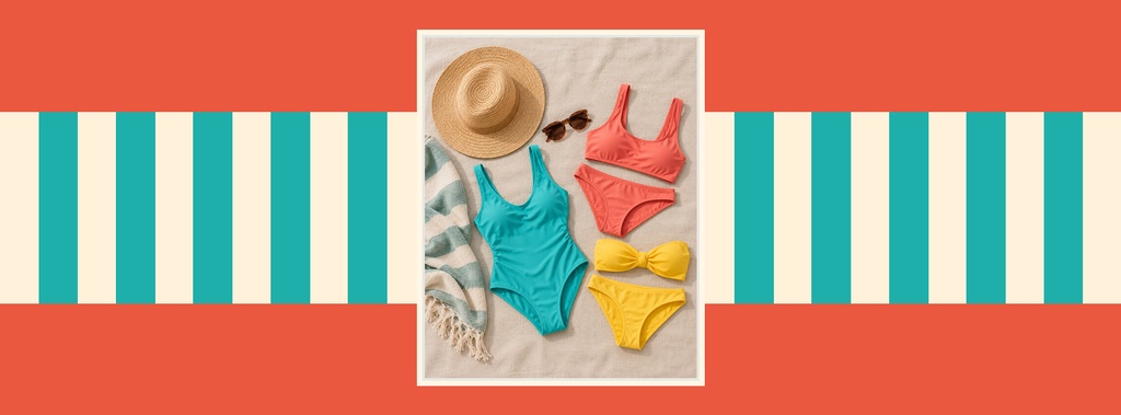 Facebook cover with coral background, striped side panels, and a flat lay of colorful swimwear and a straw hat