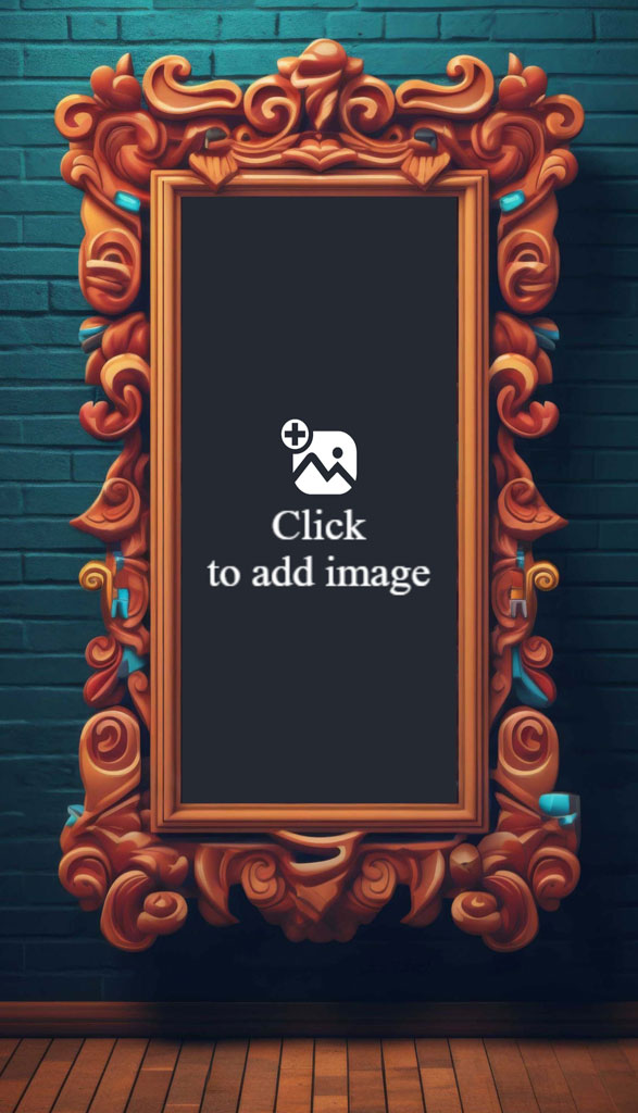 Ornate picture frame on a teal brick wall