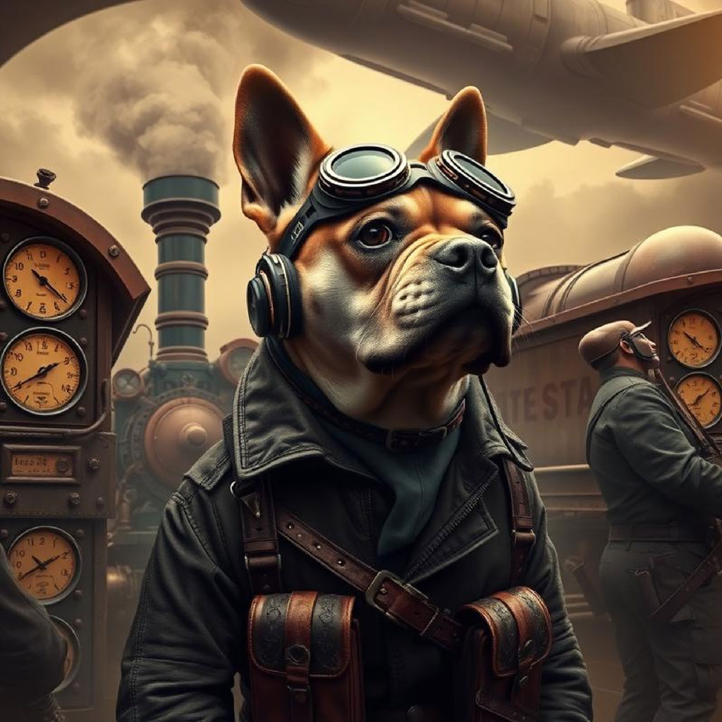 Pilot in leather jacket and goggles standing by a steam locomotive with a blurred airplane in the background.