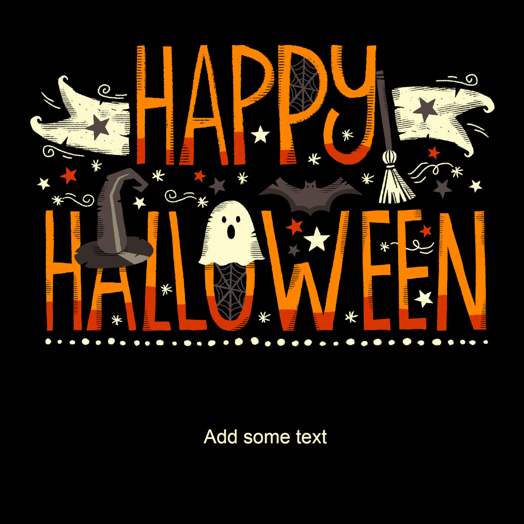 Happy Halloween greeting card with ghost, bats, and witch's hat