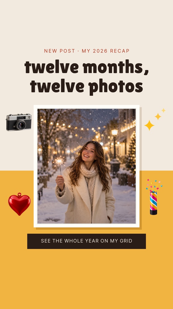 Portrait story design with the text twelve months, twelve photos and a framed photo of a smiling woman in winter.