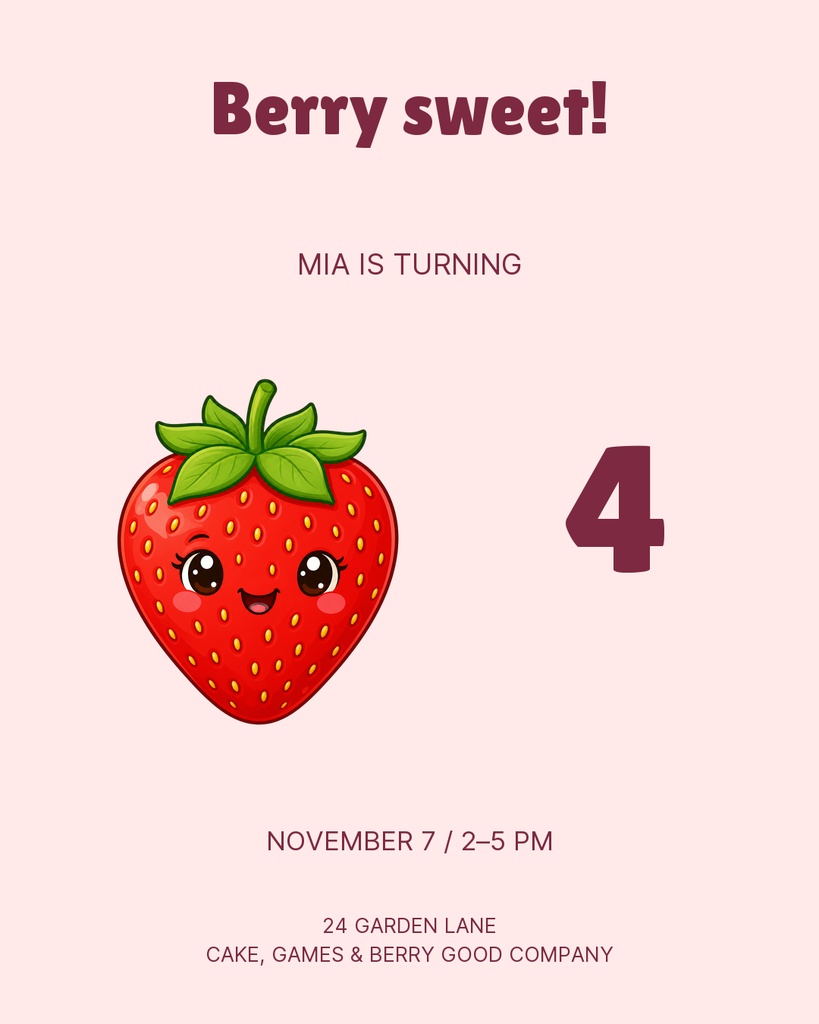 Pink birthday invitation with a smiling strawberry character and the age 4.