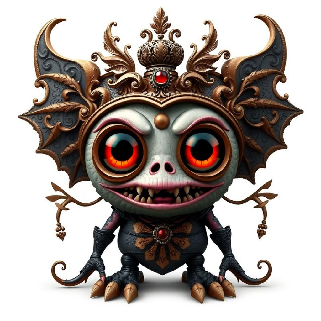 Digital artwork of a fantasy creature with large eyes and ornate crown
