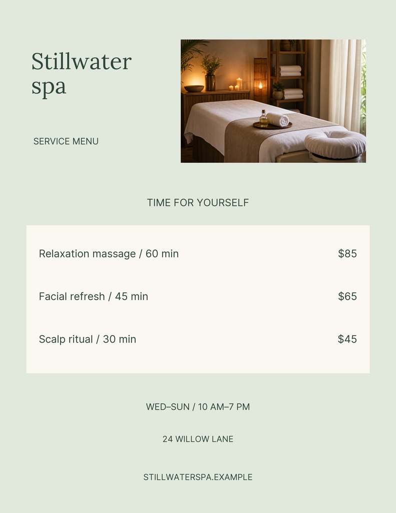 Portrait spa service menu with treatment photo, prices, hours, and address details