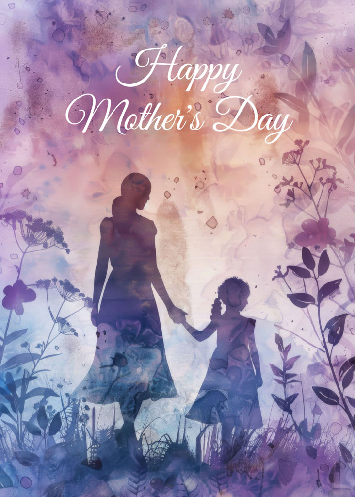 Mother and child holding hands in a floral landscape with 'Happy Mother's Day' text