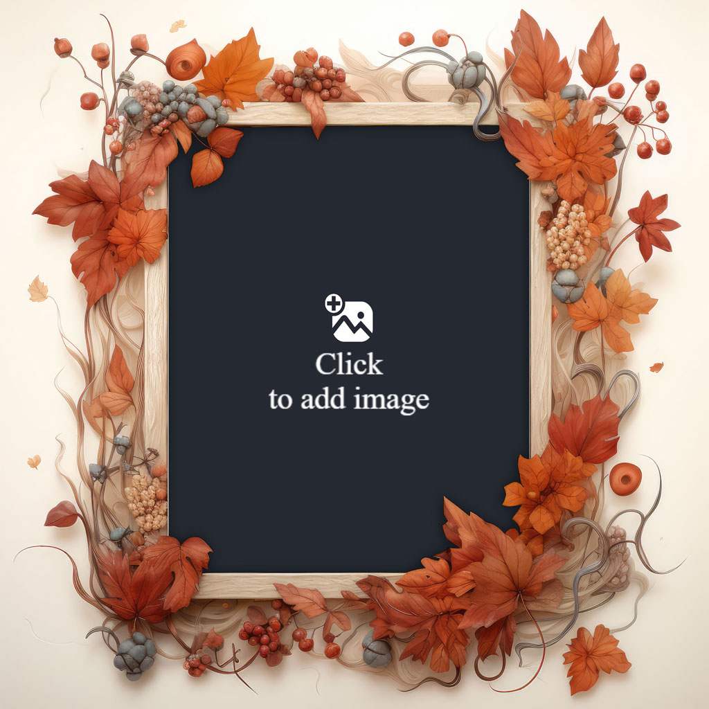 An autumnal frame with orange leaves and berries surrounding a blank black center