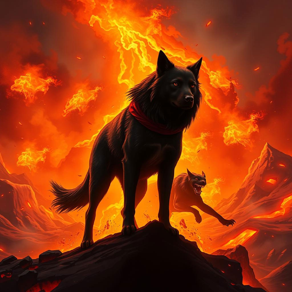 Silhouetted warrior with cape and sword facing a giant, glowing red demon head amidst flames and volcanic rocks