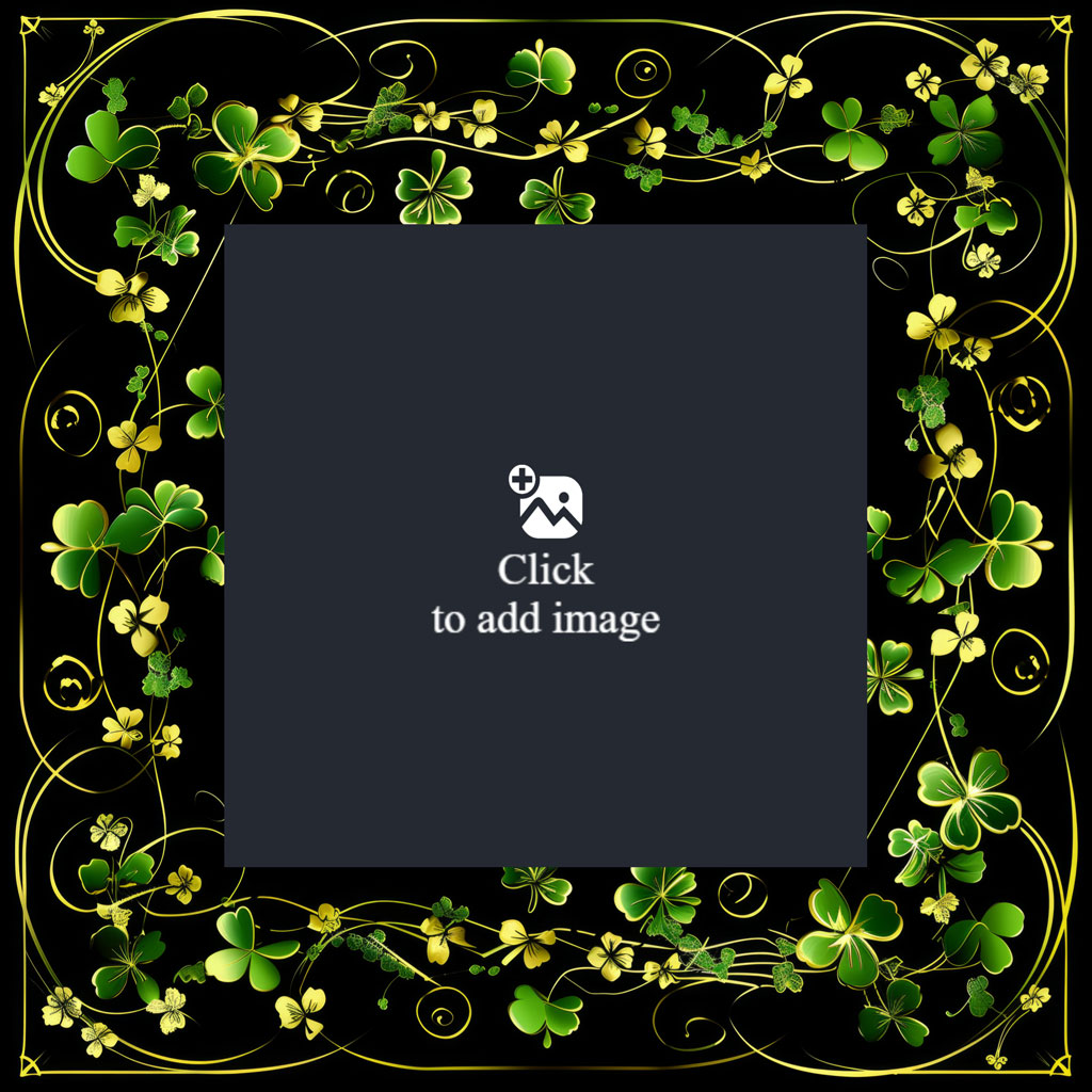 A square frame with shamrocks and gold swirls on a black background