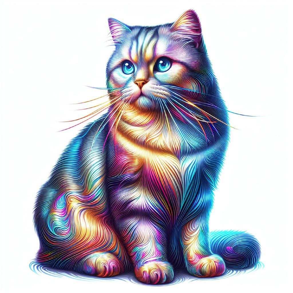 A stylized, shiny cat with blue eyes and pastel hues on a white background