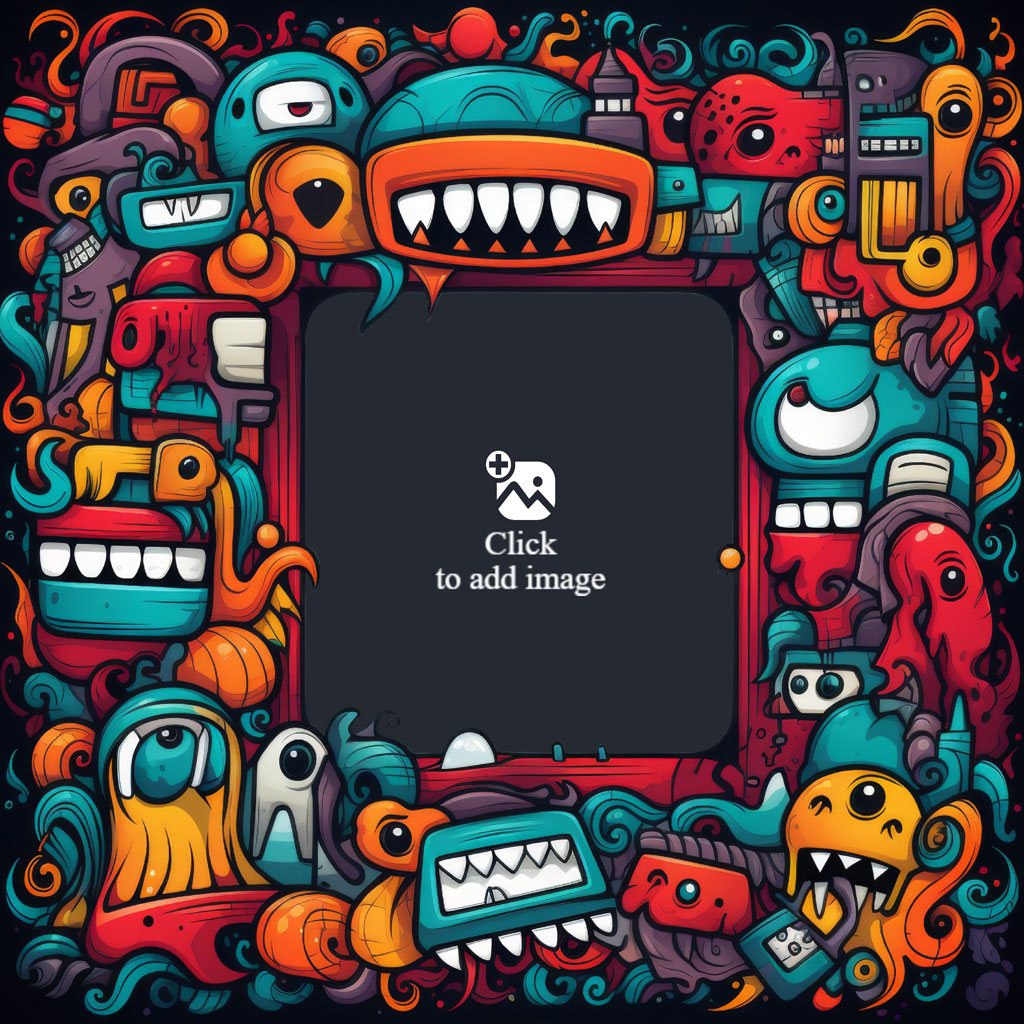 A vibrant cartoon frame with diverse characters and patterns.