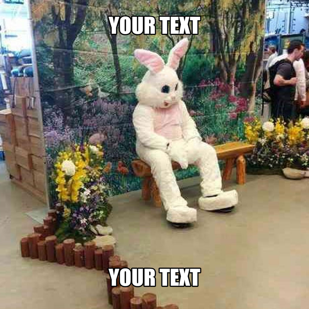 Easter Bunny sitting on a wooden bench with flowers on either side and a forest mural in the background.