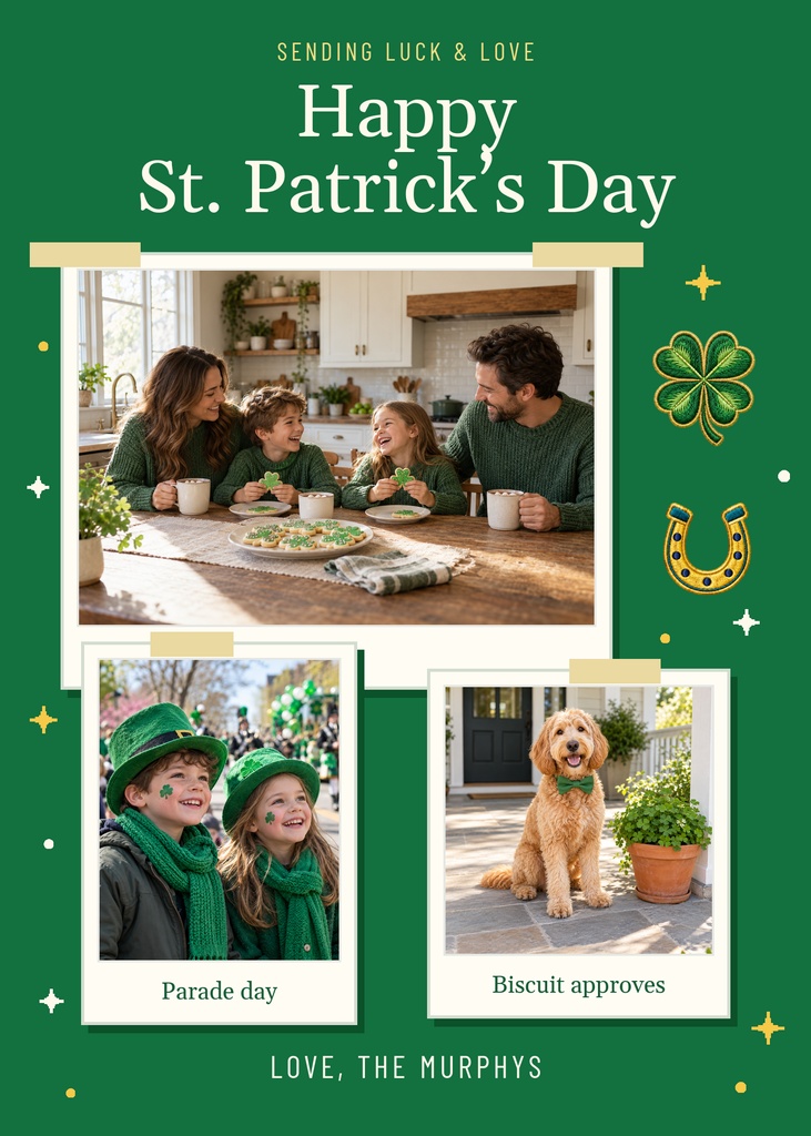 Green St. Patrick's Day greeting card with three family and pet photos and gold clover accents.
