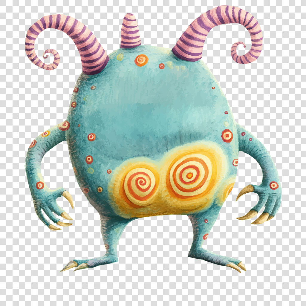 A cartoon monster with turquoise body, purple horns, and yellow swirls on its belly.