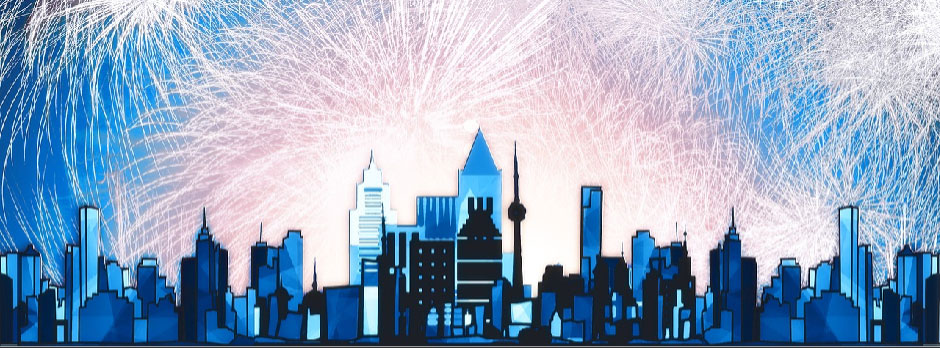 City skyline with fireworks exploding in the night sky