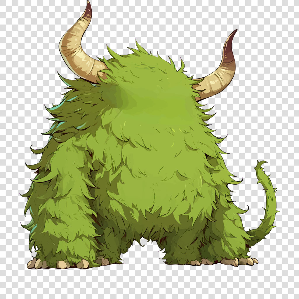 A cartoon green creature with horns and shaggy fur
