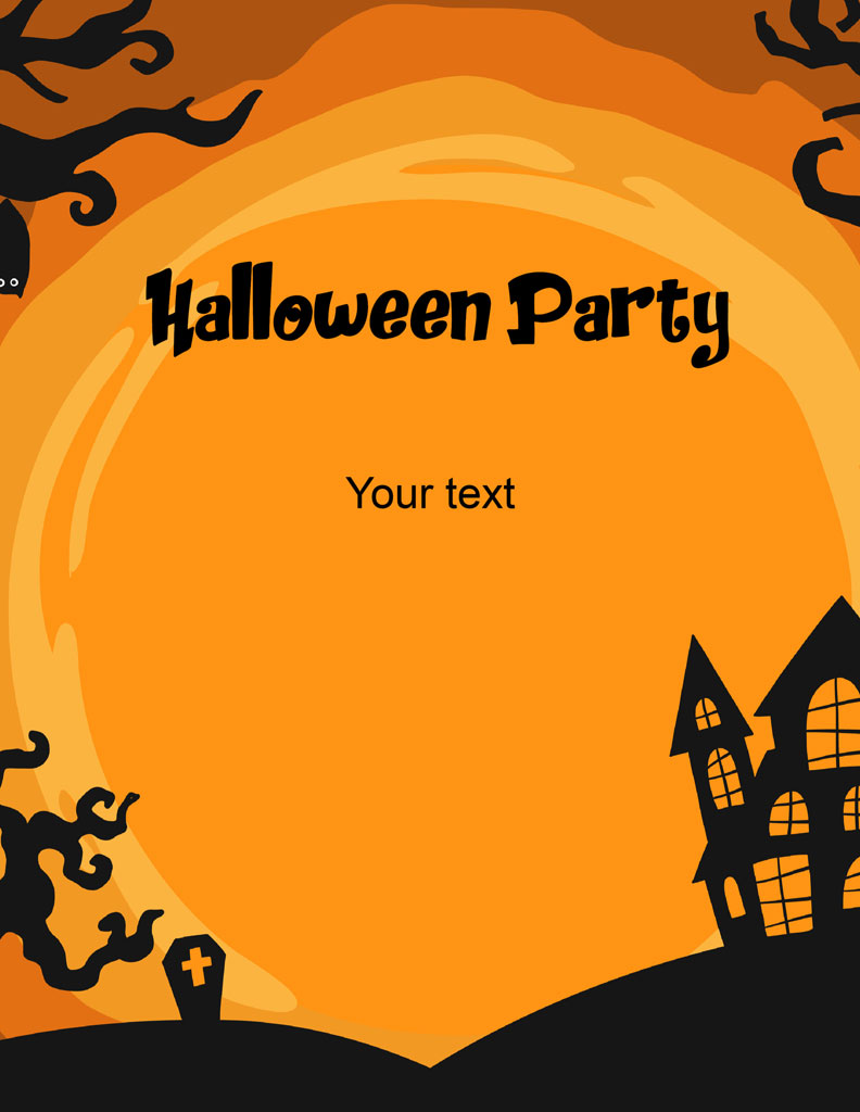 Halloween party invitation with haunted house and tombstone