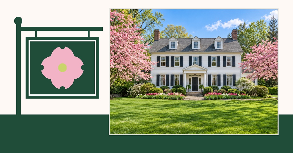 A real estate event cover with a house photo, pink blossoms, and green border accents.