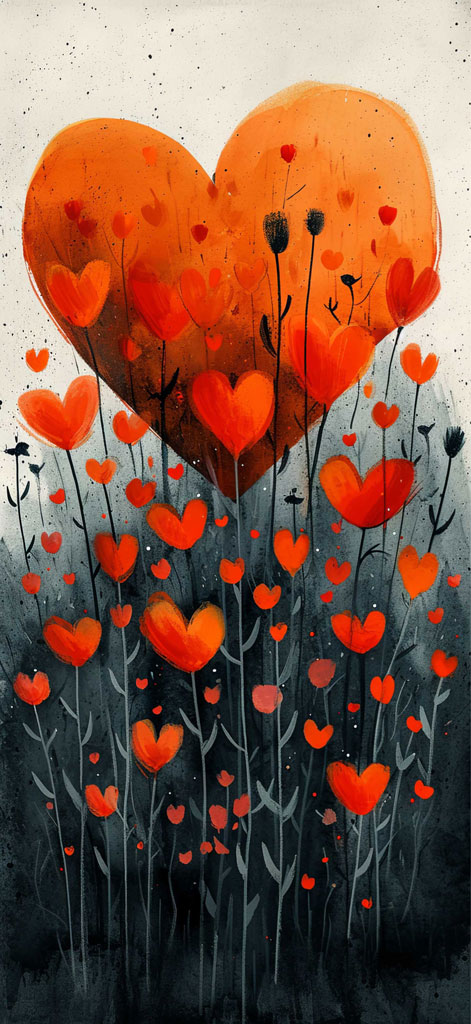 Painting of heart-shaped flowers in shades of orange and red