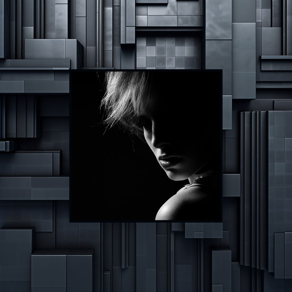 Black and white portrait of a woman on a dark geometric background