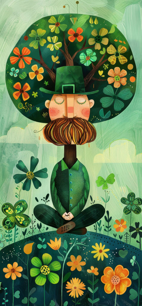 Illustration of a leprechaun meditating with flowers and greenery