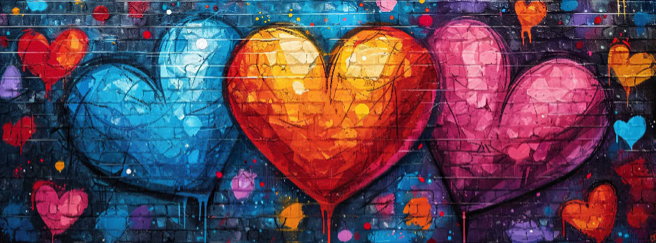 Mosaic artwork with three large hearts and smaller hearts