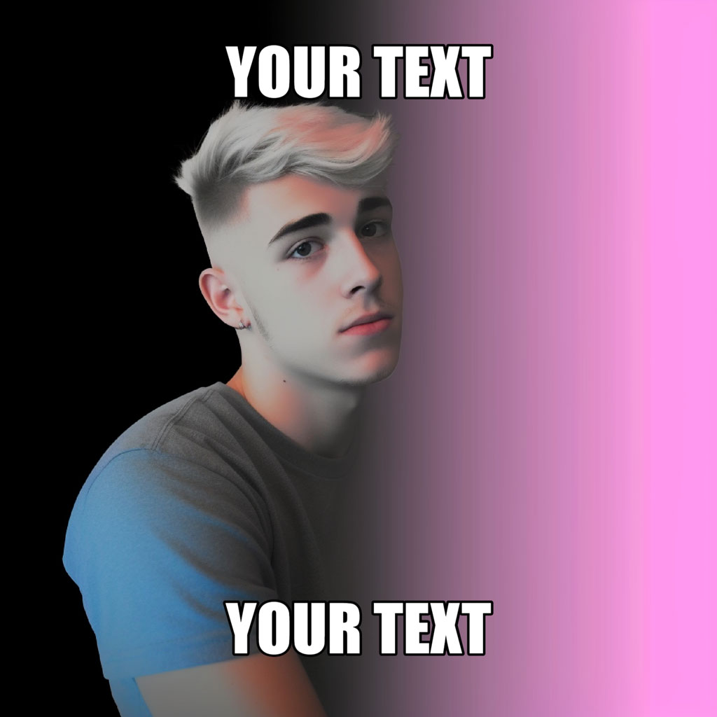 A young man with short blonde hair and a gray t-shirt looking to the side against a contrasting black and pink background.