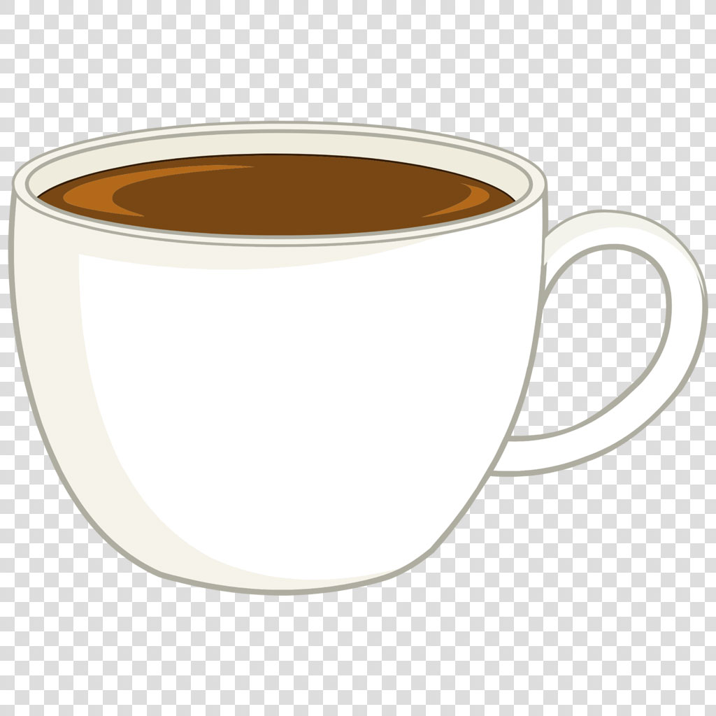 A white coffee cup with a handle on the right side, filled with brown coffee.