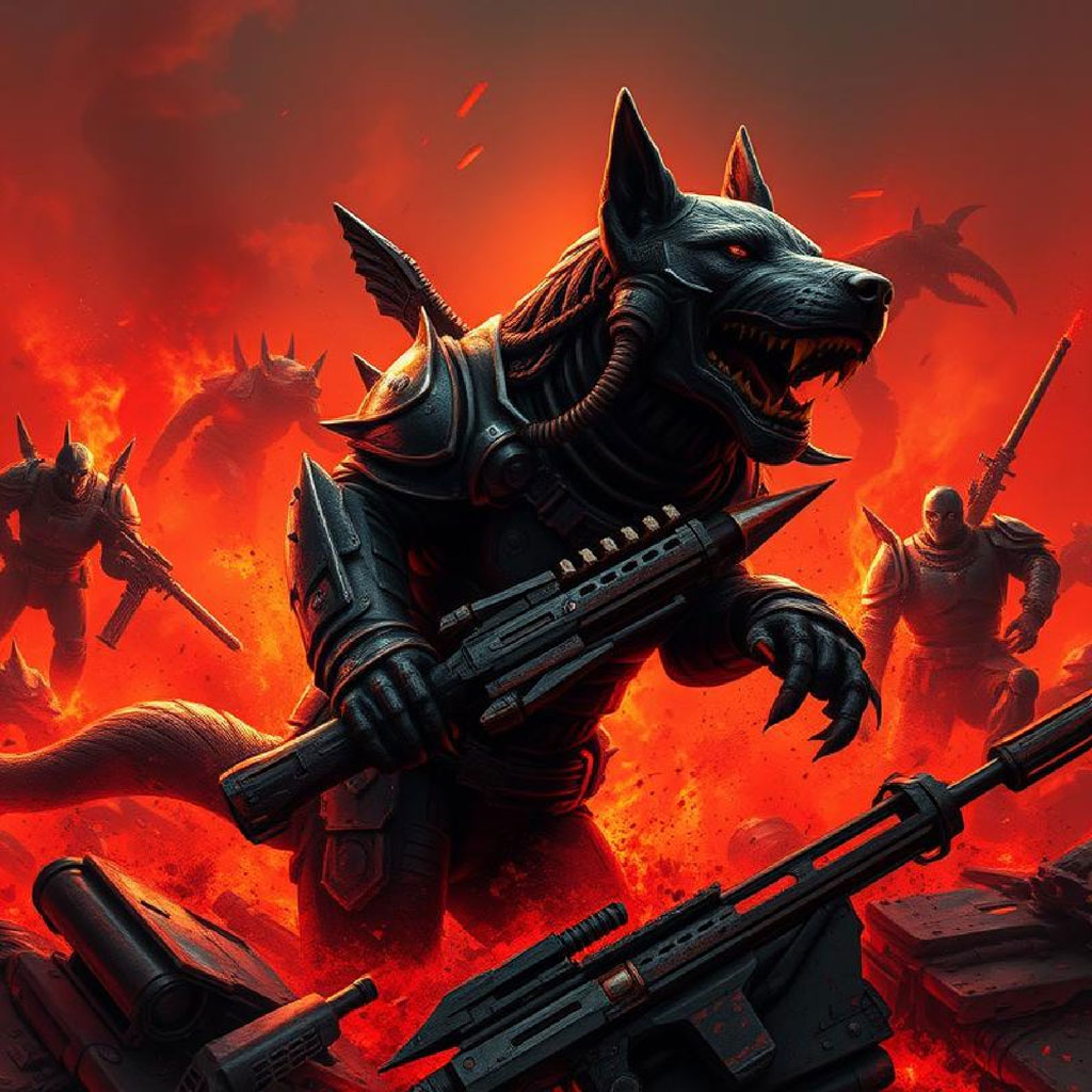 Three futuristic warriors with advanced armor and weaponry standing amidst a fiery, destroyed cityscape with planes flying overhead.