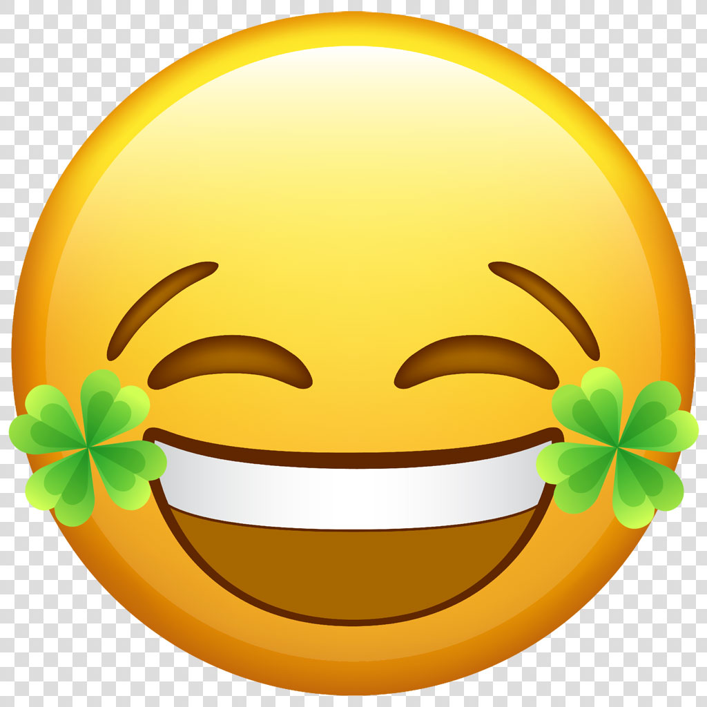 Yellow smiling emoji face with closed eyes and shamrocks