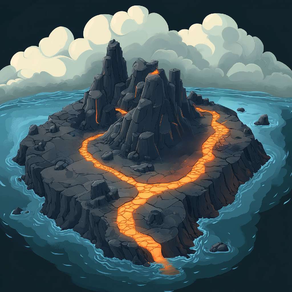 A cartoon-style image of a volcanic island with a winding path of lava flowing from the center to the edge, surrounded by blue water and a h