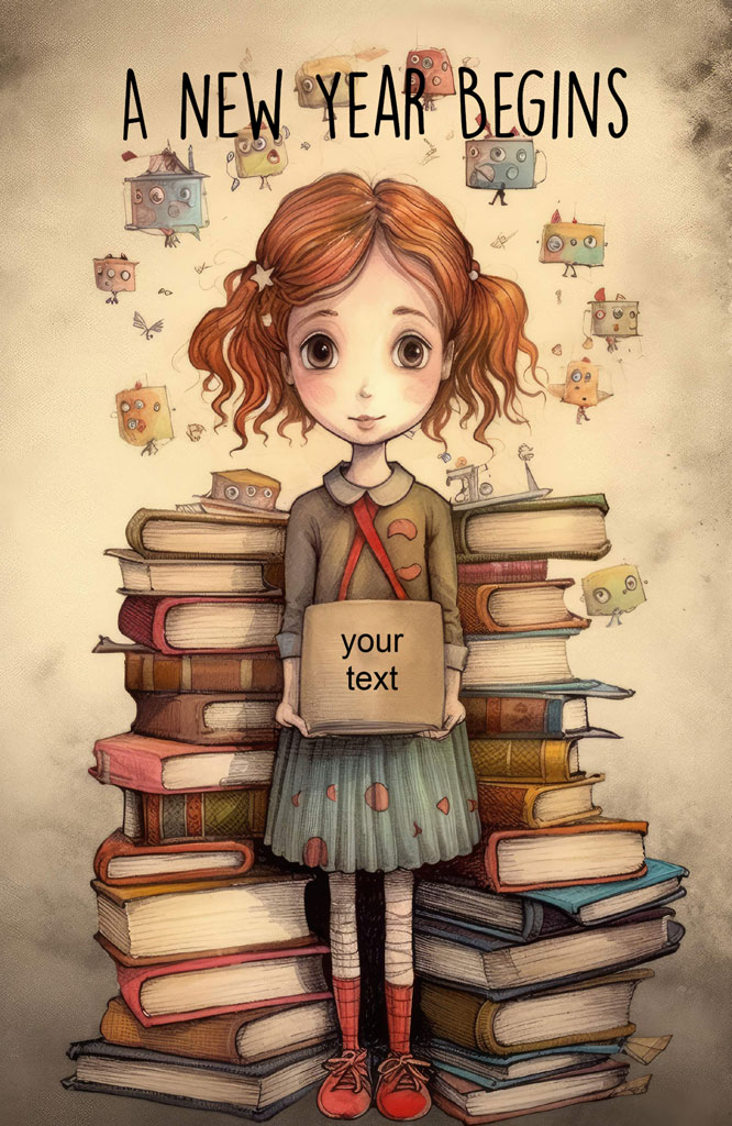 A young girl with red hair stands in front of a large stack of books, holding a sign that says 'your text'.