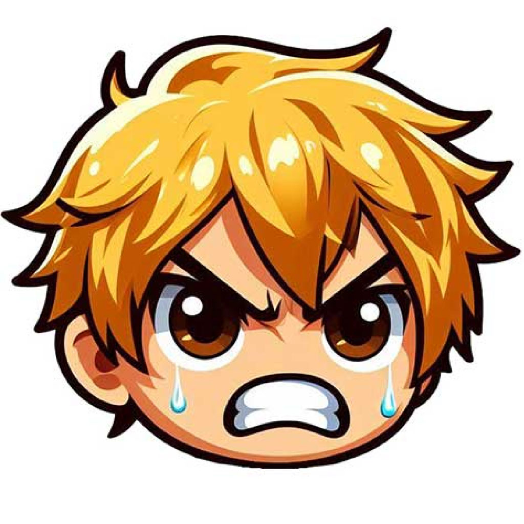A cartoon anime boy with blonde hair and a sad expression