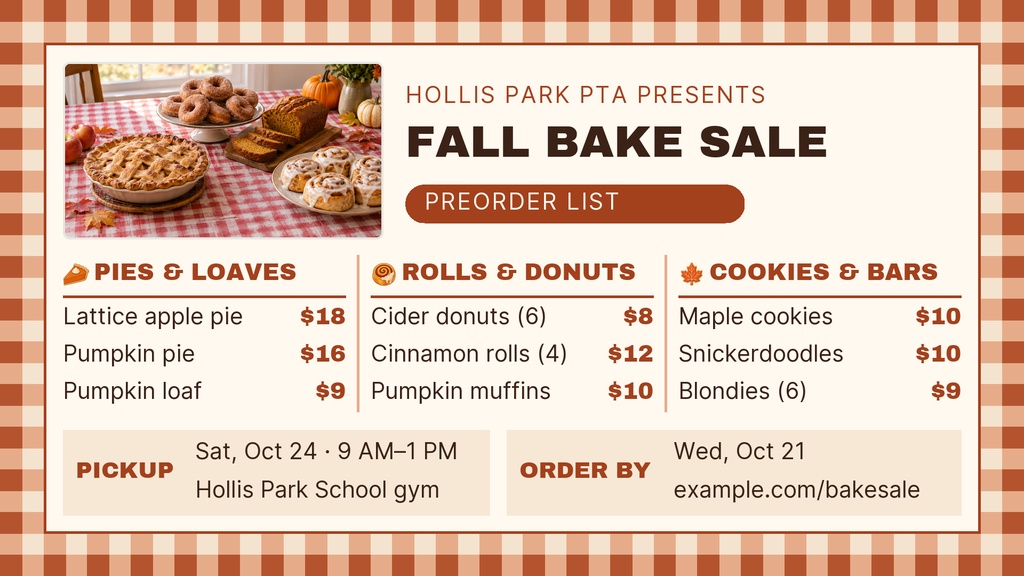 Preview for Fall Bake Sale Preorders Digital Menu Board Template