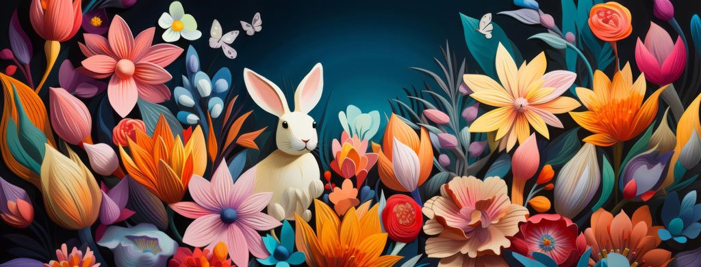 White Easter bunny amidst vibrant flowers and butterflies