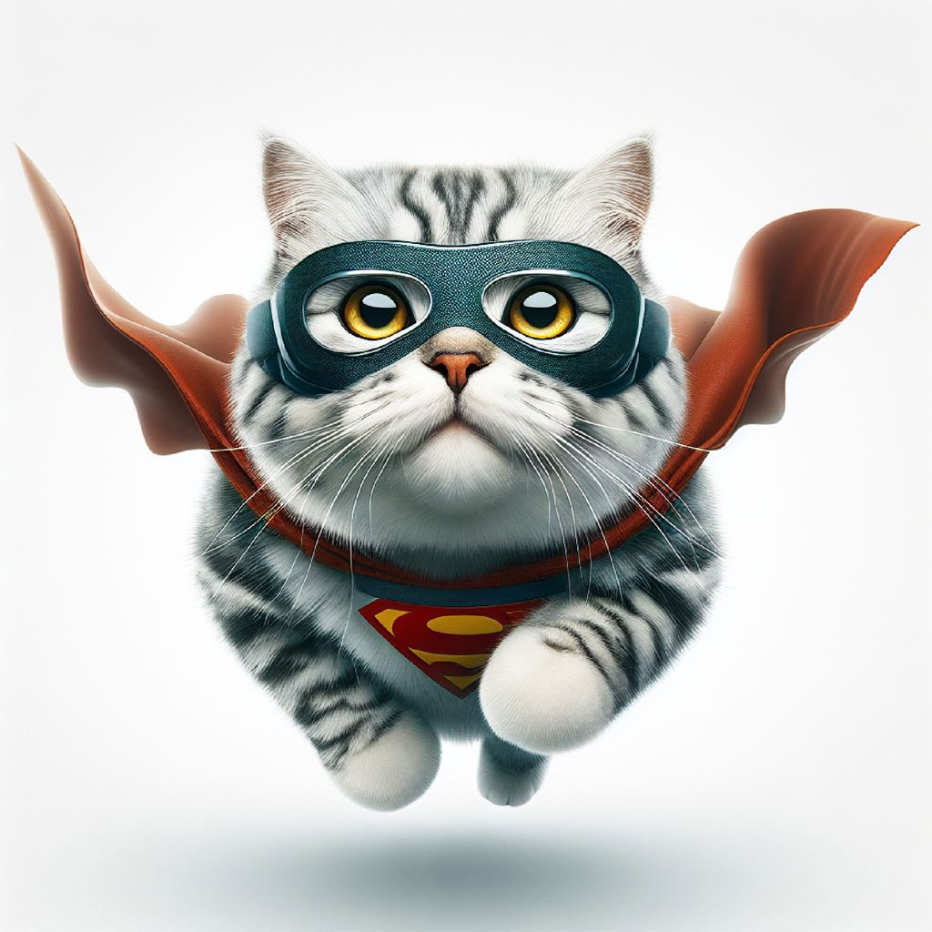Cartoon cat in a superhero costume
