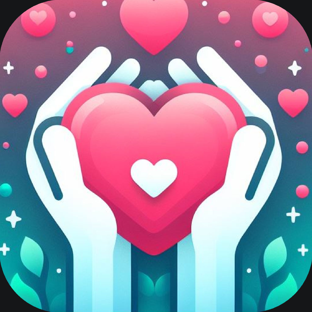 Hands holding a large pink heart with a smaller heart inside, surrounded by hearts and decorative elements.