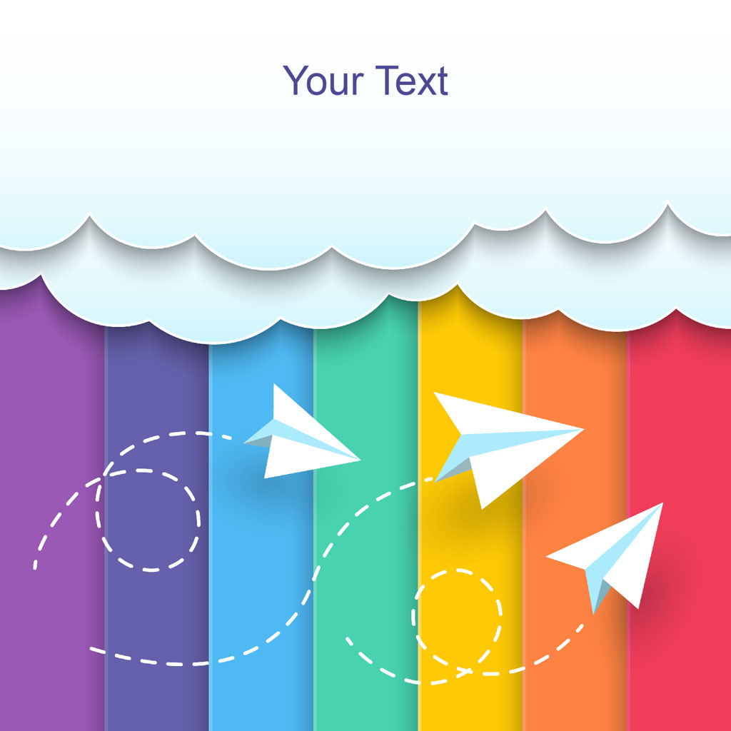 Three white paper planes flying in a circular path on a multicolored striped background with a cloud at the top.