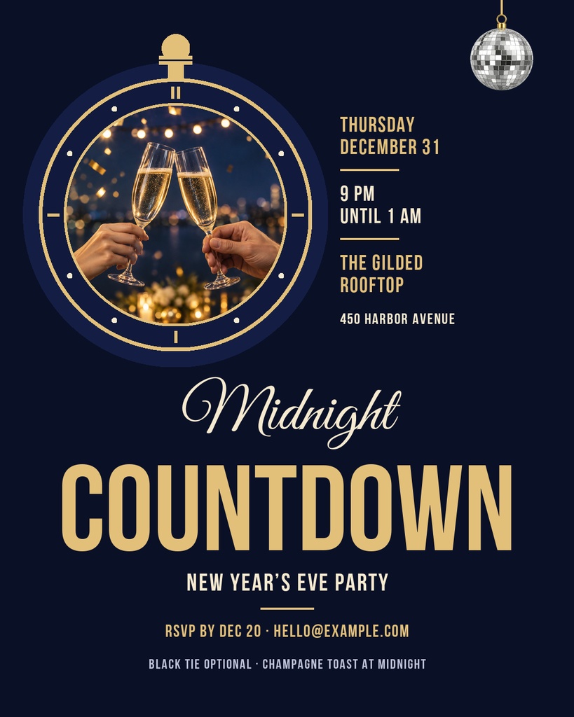Dark navy New Year’s Eve portrait post with gold typography, clock frame, champagne glasses, and disco ball
