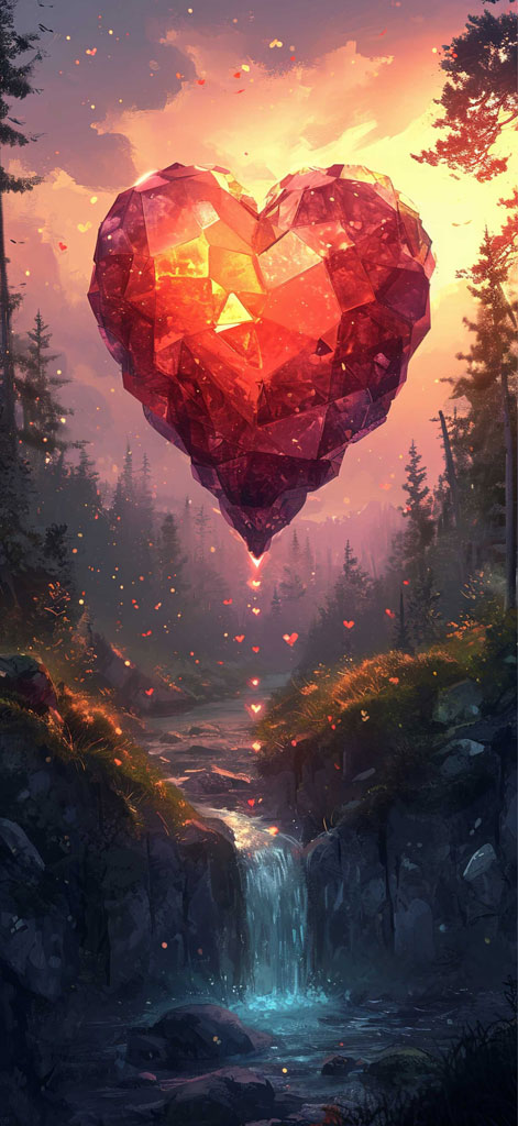 A large, glowing crystal heart hovers above a forest waterfall at sunset.
