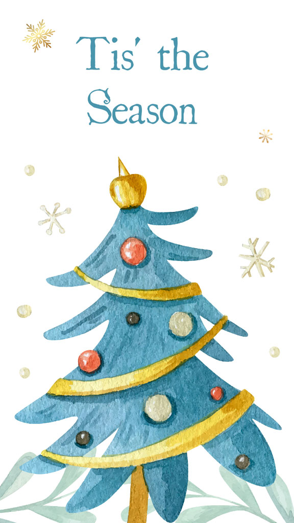 A blue Christmas tree decorated with ornaments and gold accents