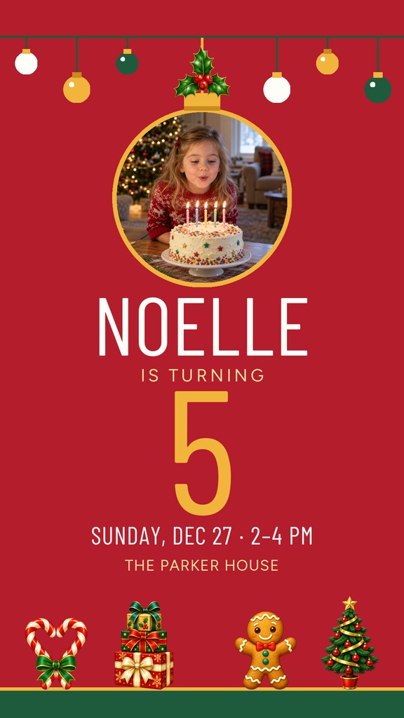 Red birthday story template with ornaments, a cake photo, and holiday decorations