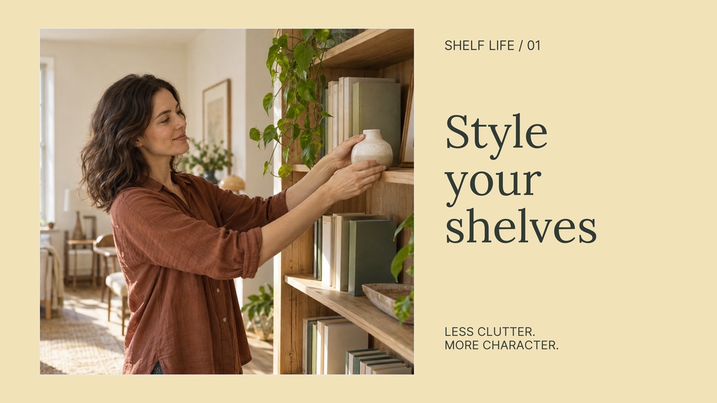 Woman styling a bookshelf beside large text reading Style your shelves.
