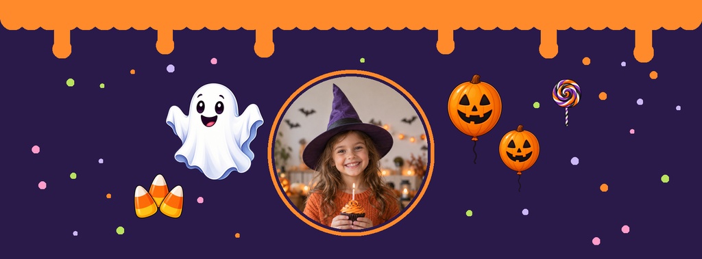 Purple Halloween birthday cover with ghosts, pumpkins, candy, and a witch-hat photo frame for a child.