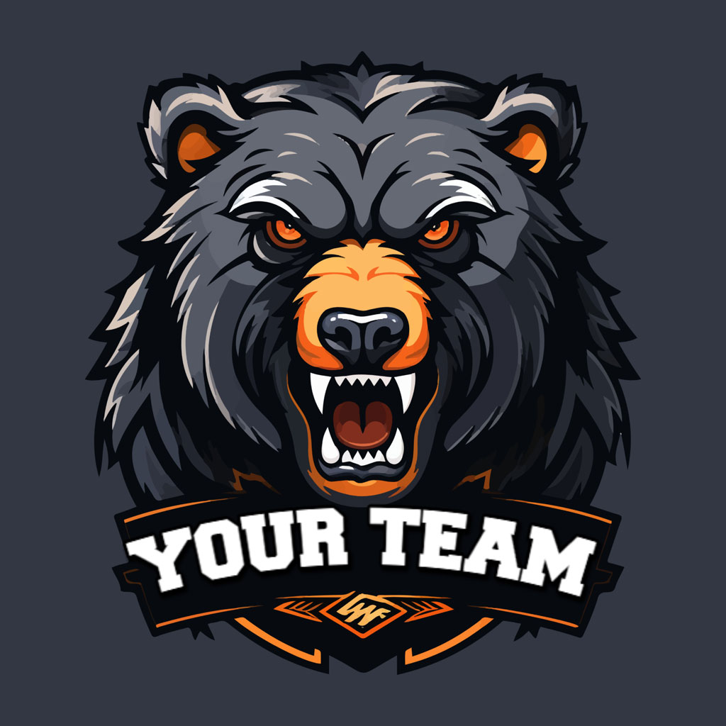 Illustration of a bear's head with an open mouth and orange eyes, below a banner reading 'YOUR TEAM'