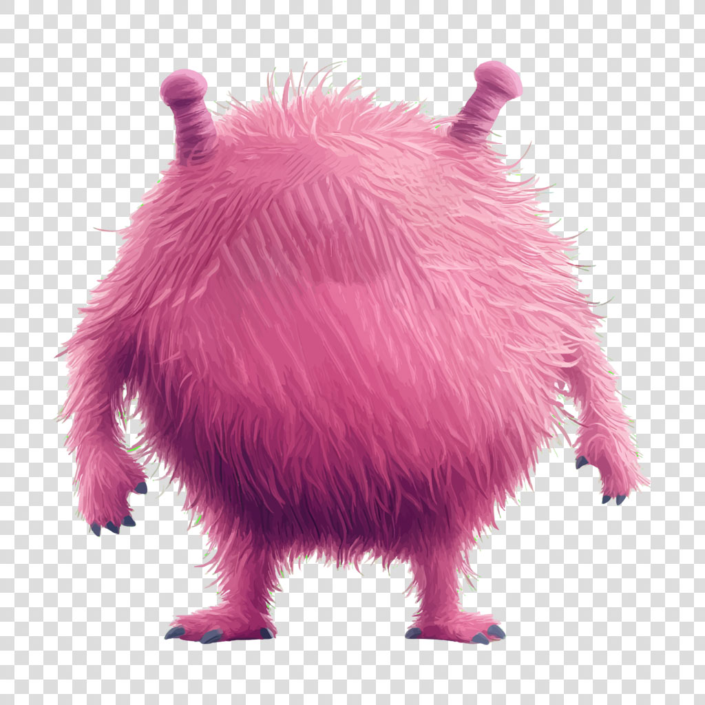 A digital illustration of a pink monster with fluffy fur and antennae.