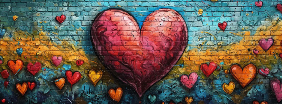 Large red heart on a blue and yellow brick wall with smaller hearts