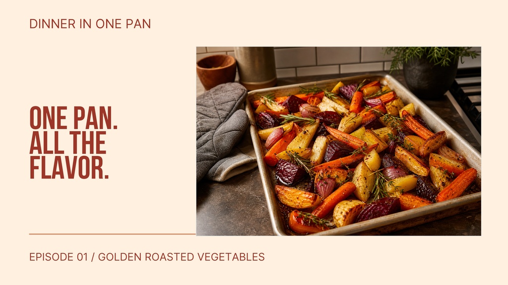 Landscape thumbnail with roasted vegetables in a baking pan and bold dinner text.