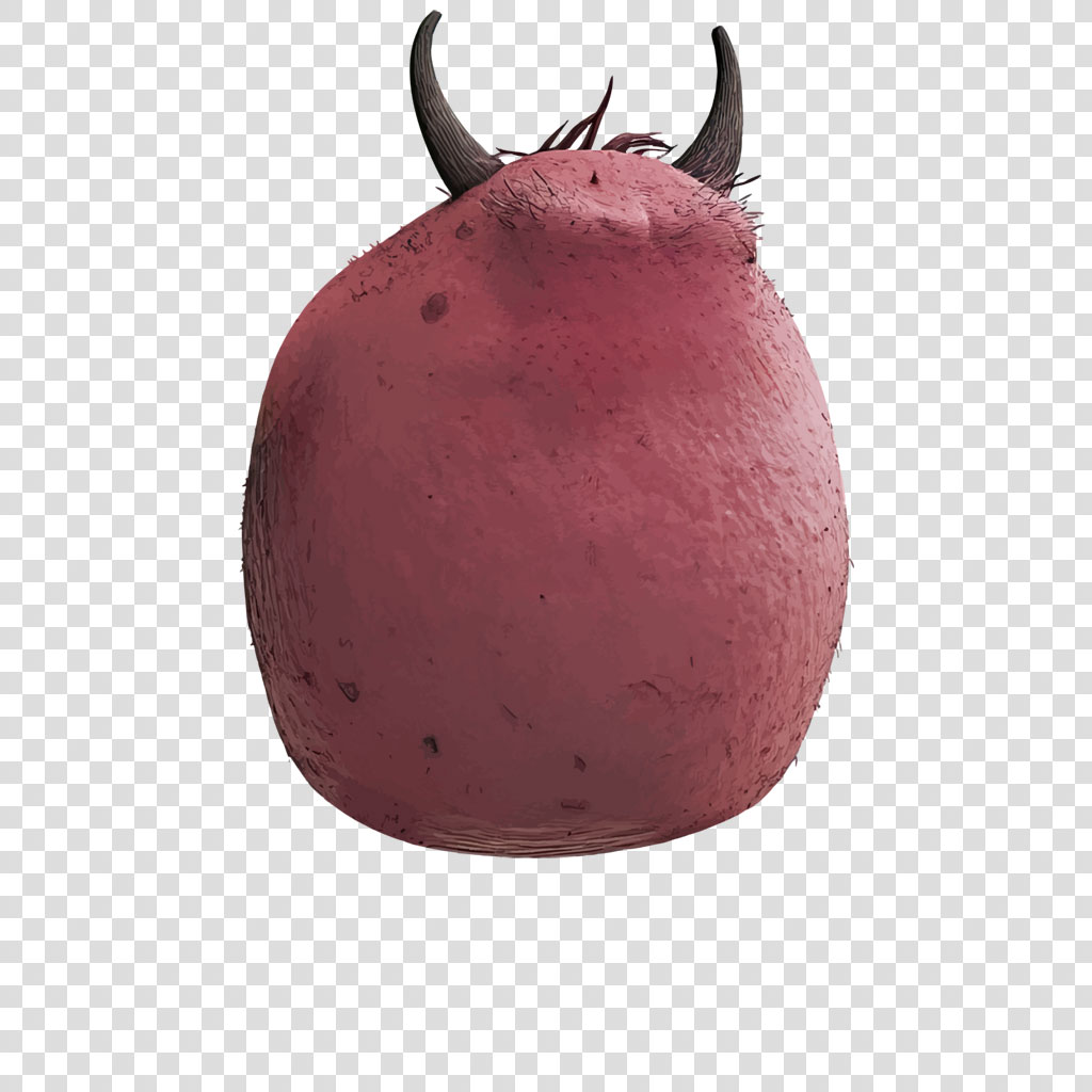 A red, rounded creature with two black horns and dark spots on its surface.